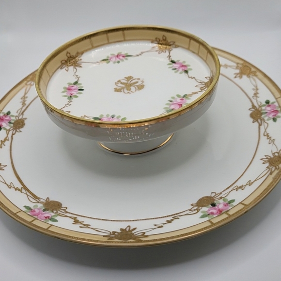 VTG Nippon Tiered Cheese Crackers Dish Handpainted Pink Roses Gold Trim Flowers - Picture 2 of 10